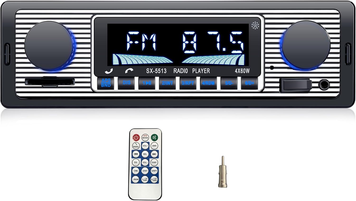 Central multimídia automotiva 1-DIN com Bluetooth e carregamento rápido.